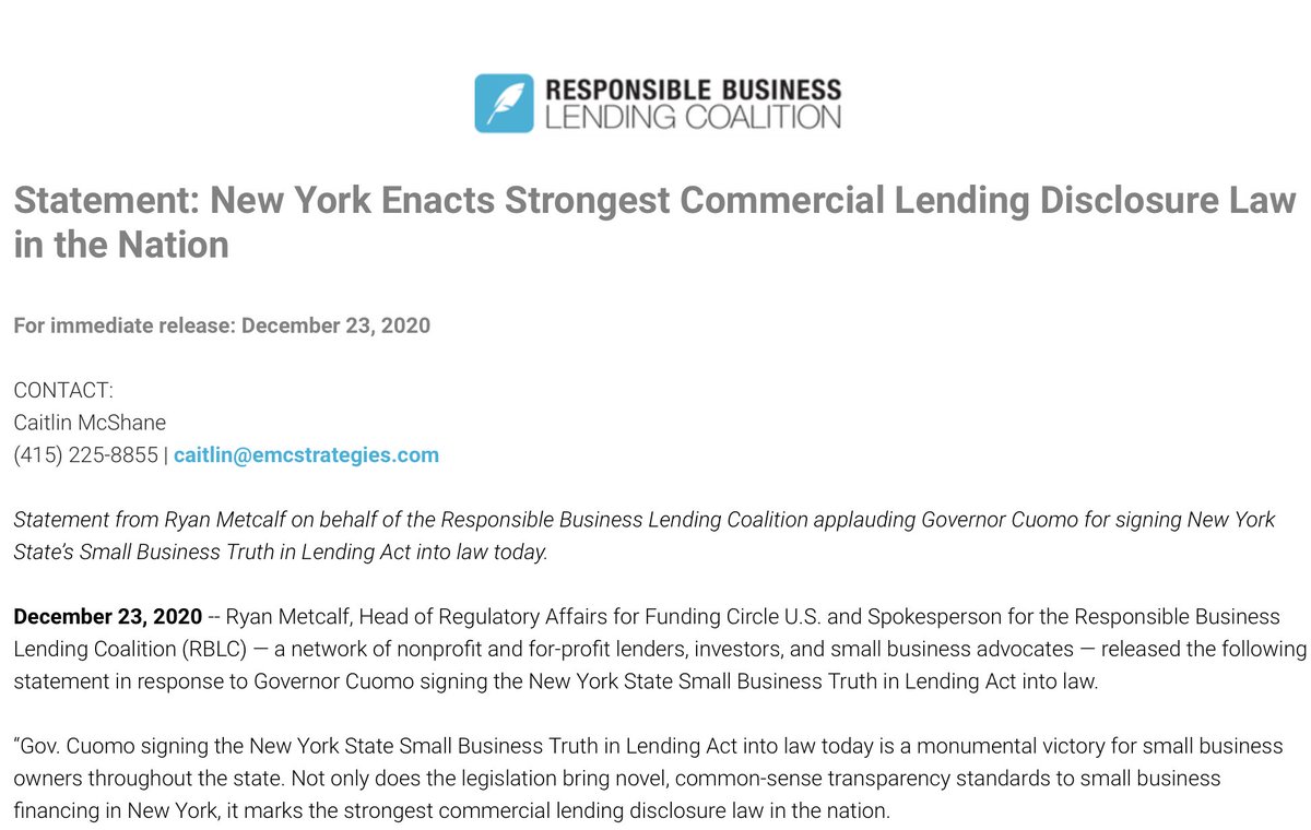 Great news. Last night <a href="/NYGovCuomo/">Archive: Governor Andrew Cuomo</a> signed the #NewYork State SmallBiz Truth in Lending Act! Thank you <a href="/SenKevinThomas/">Office of Senator Kevin Thomas</a> &amp; <a href="/kenzebrowski_ny/">Ken Zebrowski</a> for authoring this critical bill. It's been a long road to get this passed and a great way to end this crazy year. borrowersbillofrights.org/newyorkenactss…