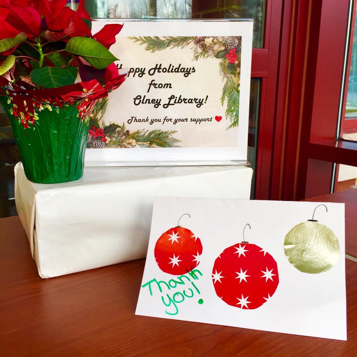 MCPL_Libraries's tweet photo. We love receiving handmade cards from customers! Check out this festive one, which was left on the Holds to Go Table at #OlneyLibrary. We so appreciate your support, & we are happy to be a bright spot in a challenging year. Happy Holidays, & please stay safe! https://t.co/FuOUGtkI4p