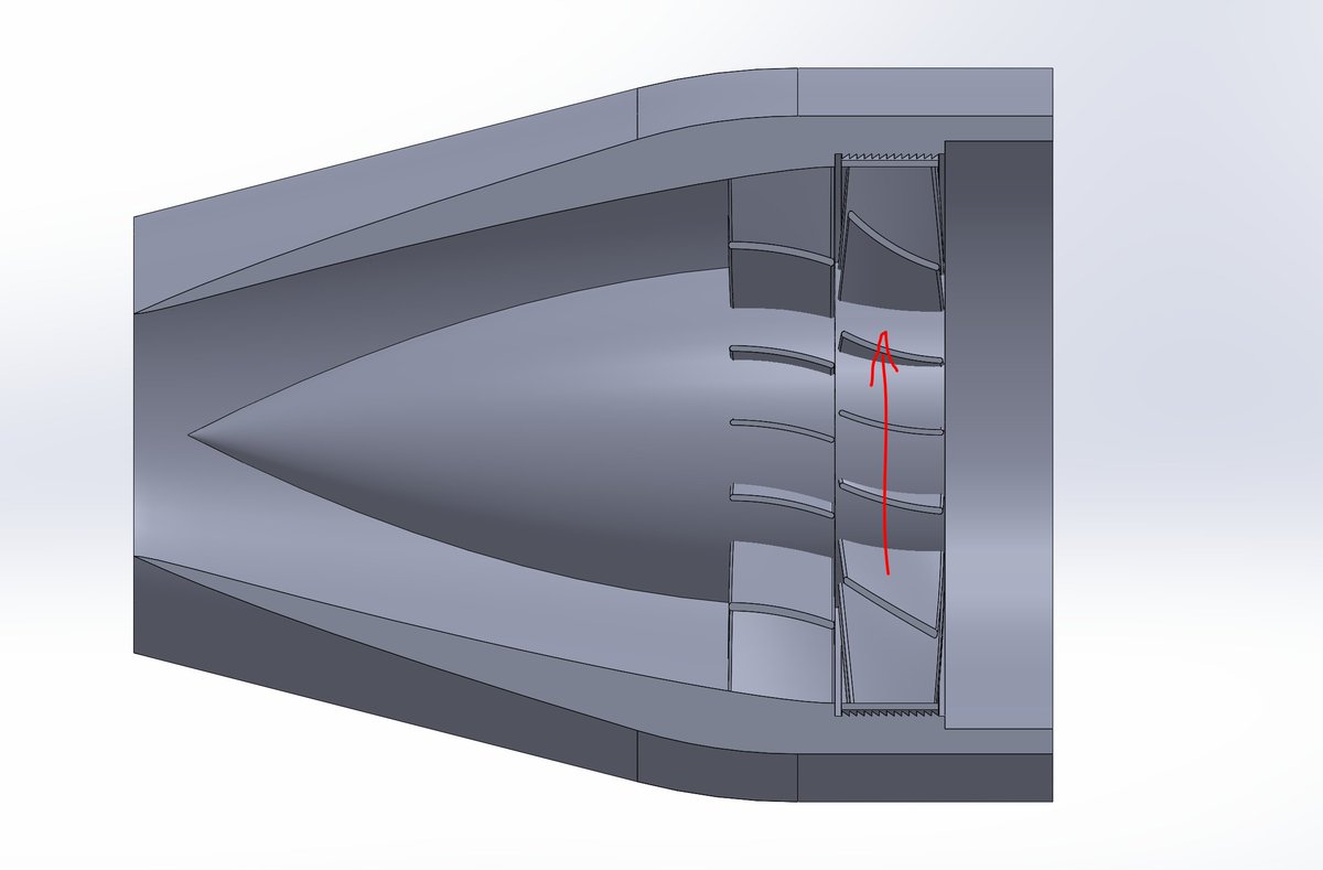 additionally, inlet stators were added to induce a negative prewhirl in the opposite direction of rotor rotation so that the rotor would be able to impart more dVswirl, as the low speed of the motor limits the work that the rotor is able to do with purely axial inflow