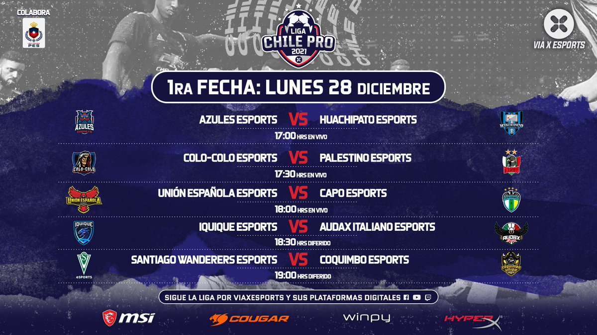 Ya estamos calentando para la primera fecha de la #LigaChilePro de #ViaXEsports, junto a @LigaChilenaPES ⚽🇨🇱 Sigue la transmisión EN VIVO este lunes 28 de diciembre, a partir de las 17 horas, por Via X Esports, Twitch, Facebook y Youtube 💥