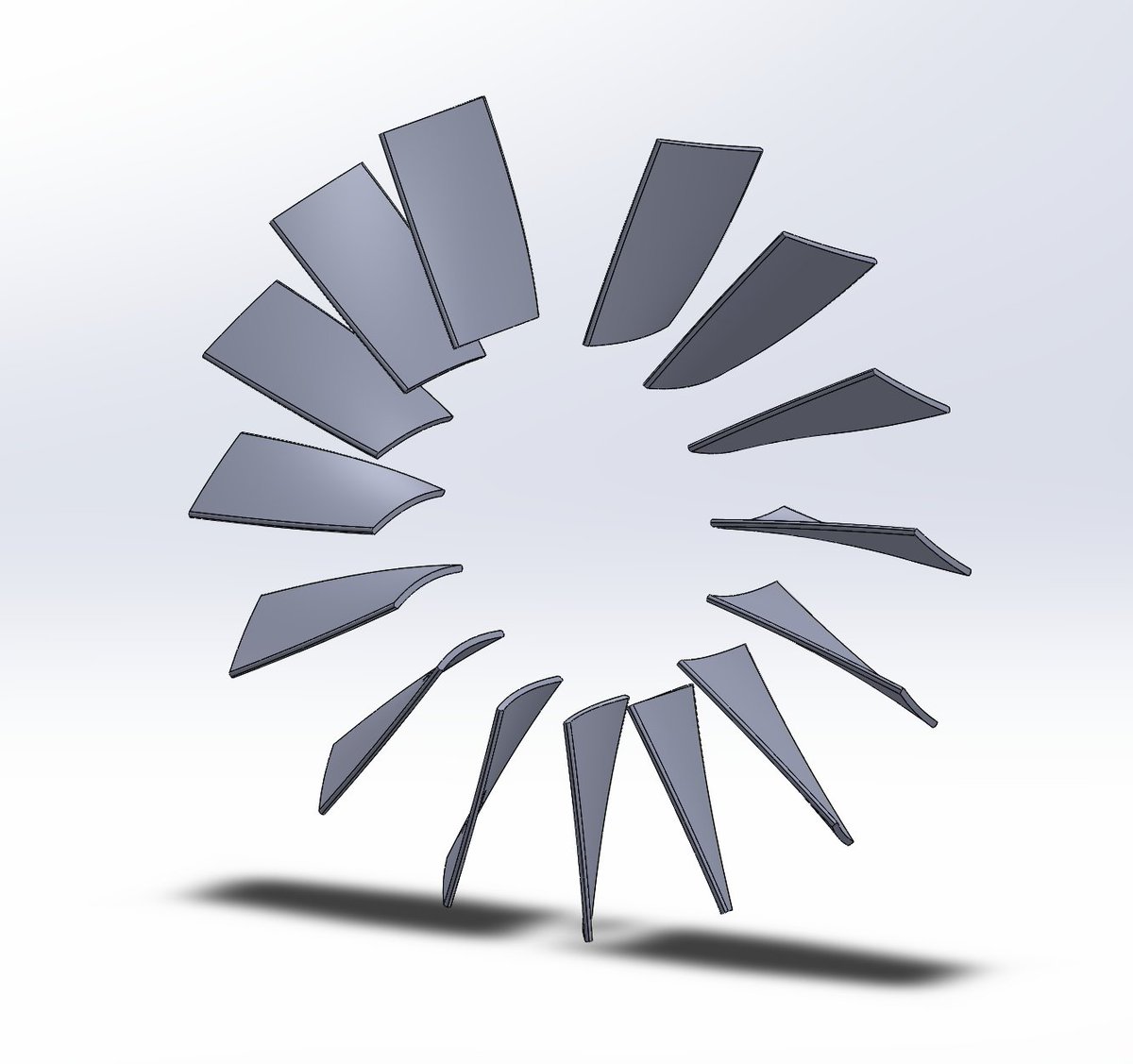 these blades were designed using the free-vortex Vswirl distribution, meaning the imparted swirl velocity is an inverse function of radius: this makes the math easier but in extreme design cases can produce stress from "twist" that may just cause your blades to explode