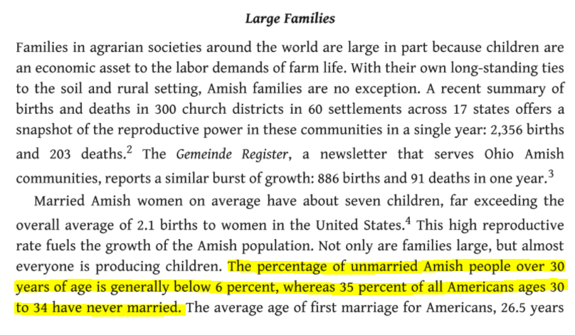 "The percentage of unmarried Amish people over 30 years of age is generally below 6%, whereas 35% of all Americans ages 30-34 have never married."