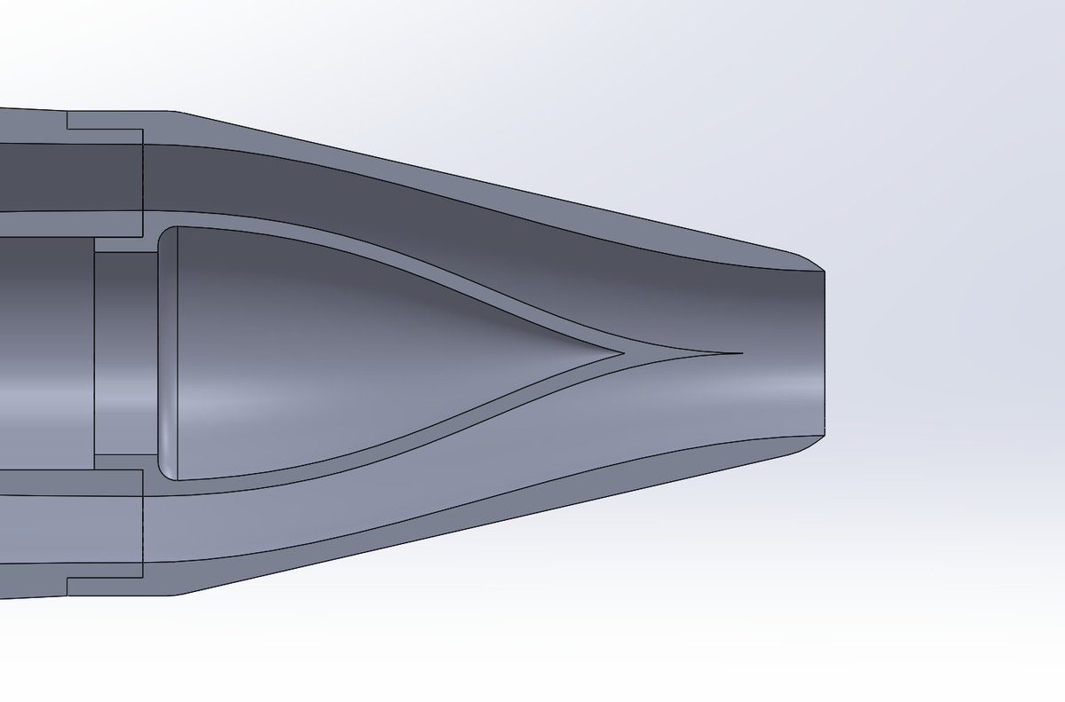 ...and now we come to the nozzle. As the dinky little turnigy is incapable of raising the pressure high enough to choke the flow and produce mach exhaust, this nozzle is purely convergent
