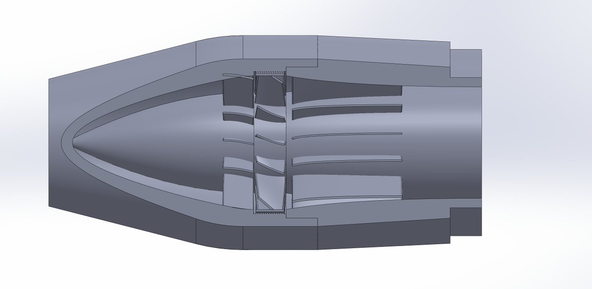 my primary gripe with commercial EDFs is the lack of properly-developed outlet stators, meaning most of the kinetic energy imparted into the flow is lost as swirl velocity, therefore it's important to "straighten" the flow back out