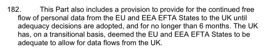 PrivacyPope's tweet image. How does Brexit affect UK-EU cross-border/international personal data flows under the GDPR?  Point 182 (!) of the UK government’s deal summary sets it out.

Short answer: ok for now, pending an adequacy decision regarding the UK within the next six months.
assets.publishing.service.gov.uk/government/upl…
