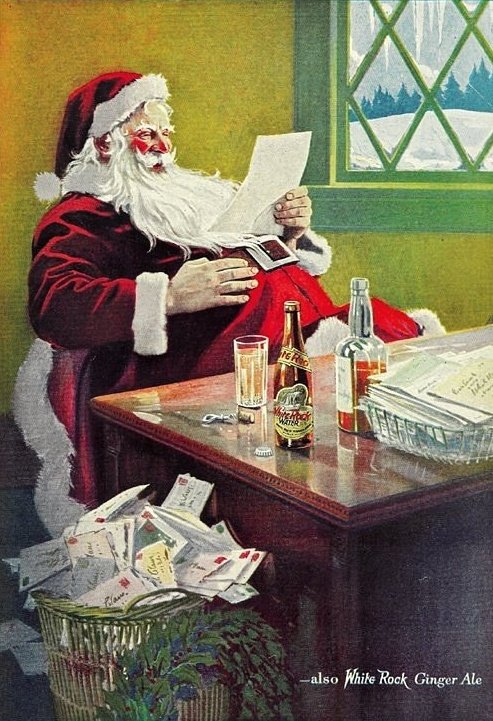 Before he started endorsing Coca-Cola, a very modern-looking Santa Claus had previously endorsed White Rock mineral water and ginger ale… (images from Life magazine, Dec 1923 and Dec 1924):  http://www.whiterocking.org/santa.html 