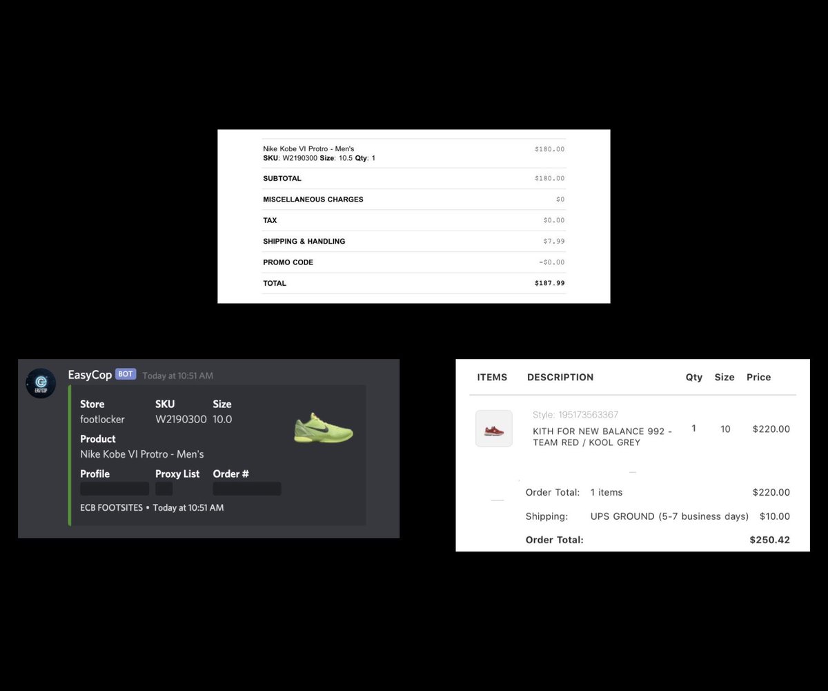 Not a bad day after all. 1 logged and 1 unlogged Kobe + Kith invoice:
@EasyCopBots 
@Sole_Proxies @dashproxies 
@SoleSocietyIO