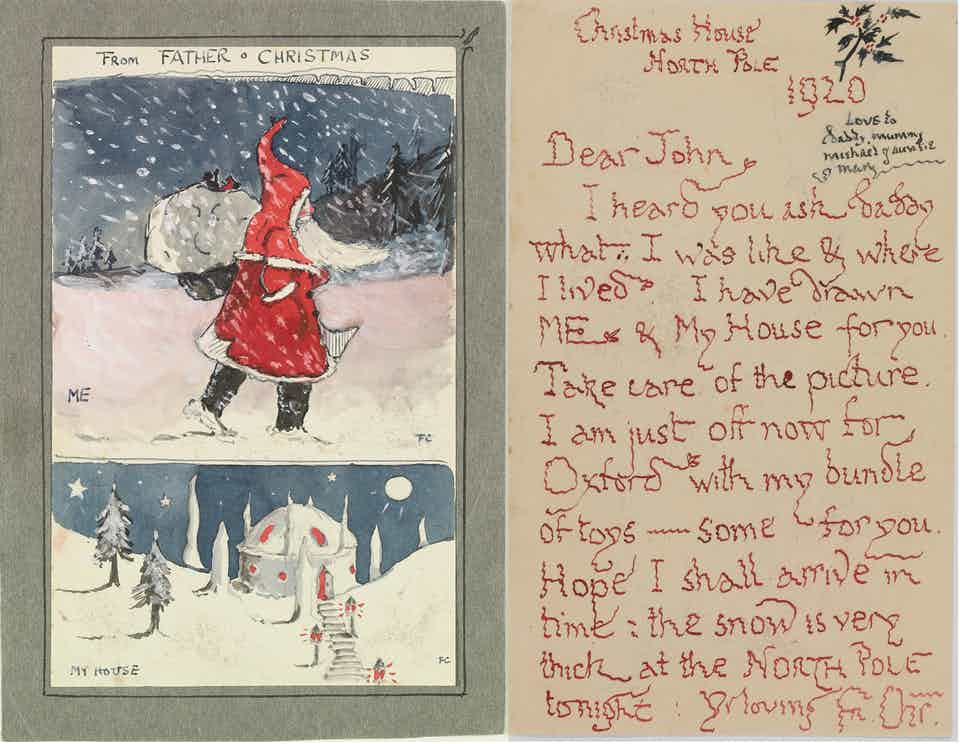 The first of J.R.R. Tolkien's letters from Father Christmas, 1920—although he used the English name for the Christmas visitor, he also made liberal use of elements from the American Santa Claus lore and included both elves & goblins:  https://theconversation.com/amp/j-r-r-tolkiens-christmas-letters-to-his-children-bring-echoes-of-middle-earth-to-the-north-pole-89464