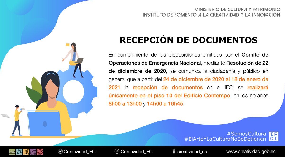 Creatividad_Ec's tweet photo. 🔴| El IFCI @Creatividad_Ec, en cumplimiento de las disposiciones emitidas por el COE Nacional, informa que a partir de hoy hasta el 18 de enero de 2021 la recepción de documentos se realizará únicamente en el piso 10 del Edificio Contempo, de 8h00 a 13h00 y de 14h00 a 16h45. https://t.co/76yCKWnMaI