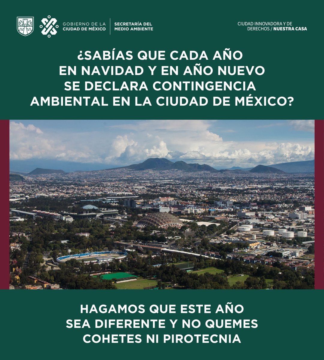 SEDEMA_CDMX's tweet photo. Históricamente en #Navidad  y #AñoNuevo se ha declarado contingencia ambiental en la #ZMVM por la quema de pirotecnia que genera mala #CalidadDelAire 🎆🎇😷   Preservemos nuestras tradiciones y celebra en casa ¡SIN PIROTECNIA! https://t.co/CoJcvM0yJY