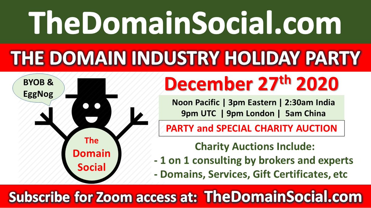 TheDomainSocial's tweet image. THE DOMAIN INDUSTRY HOLIDAY PARTY and CHARITY AUCTION
- Join us this Sunday all day (Dec 27th)

- Subscribe to The Domain Social for access:
thedomainsocial.com/subscribe/

- Current list of Charity Auction items:
docs.google.com/spreadsheets/d…

Please Reshare (I'll be offline next 24hrs)