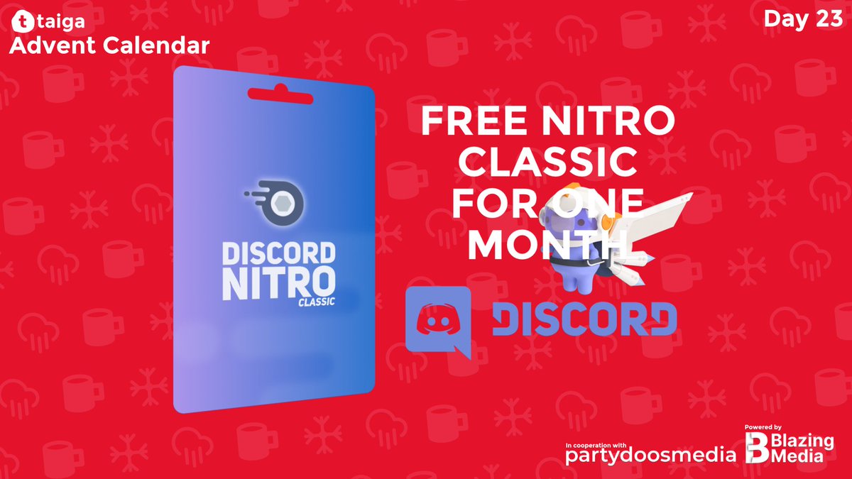 gettaiga's tweet image. Today, we're doing a special giveaway: 1 free month of @discord Nitro Classic! #discordnitro The winner will be chosen on January 1st! Complete various tasks (such as following us on Twitter) to maximize your chance of winning: l.taigabot.net/ac20_24