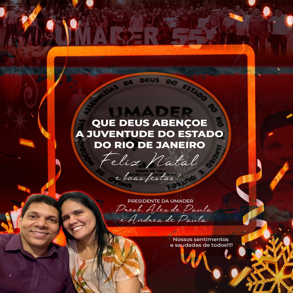 UmaderOficial's tweet photo. O Pb. @Alex_de_paula_ - Pres. da UMADER e sua Esposa Andrea de Paula, desejam a todos um “Feliz m Natal e um Próspero Ano Novo”.

#UMADER
#CEADER
#TudoPelaSalvaçãoDoHomem

Pres. da CEADER: Pr. Paulo Carvalho.
📰 Rel. Públicas &amp; Mídias Sociais:
Pr. Wellington Oliveira @wolocutor. https://t.co/yZWkypTtve