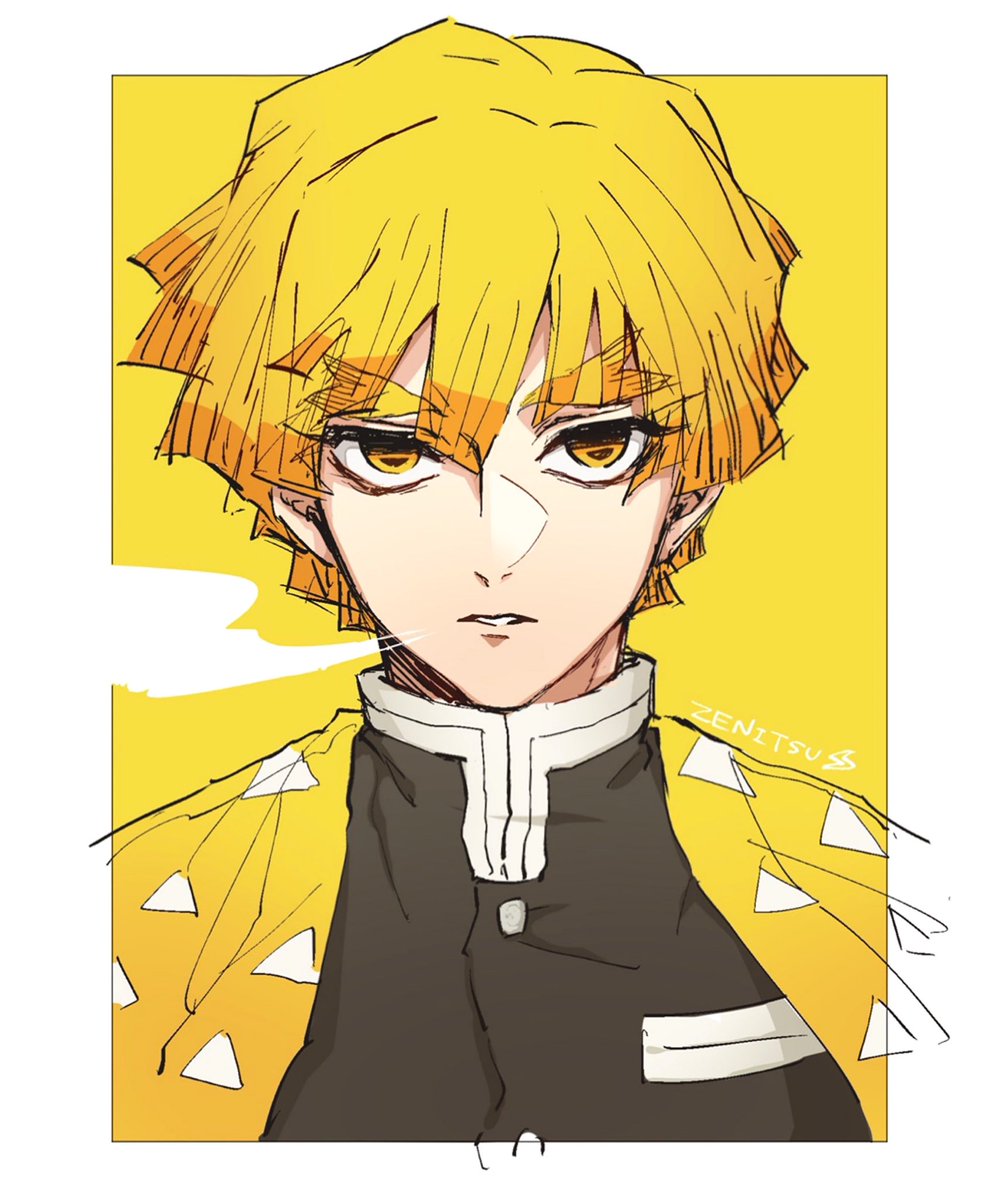 1boy demon slayer uniform male focus solo blonde hair yellow eyes triangle print  illustration images