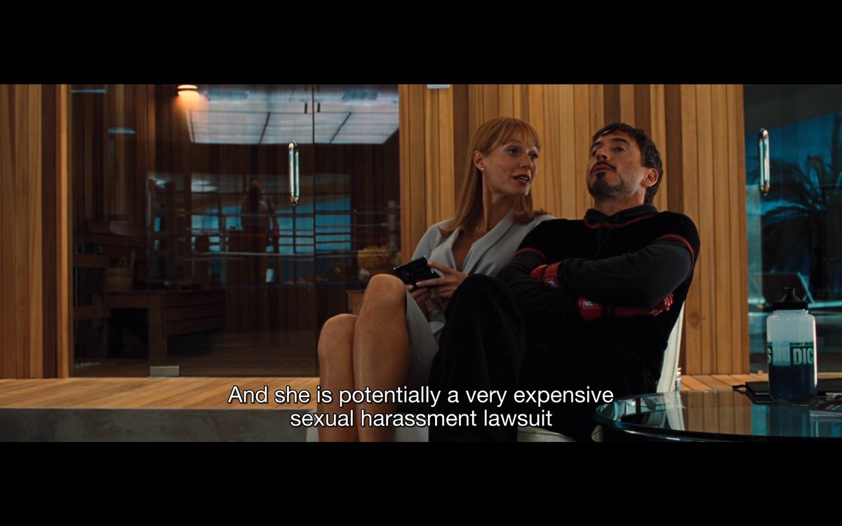 Iron Man 2 introduces the MCU’s first female superhero in Black Widow and wastes no time in having Tony, Happy, and especially the camera ogle her. This behavior is lampshaded in the dialogue but it's ultimately played off as harmless, just "guys being guys."