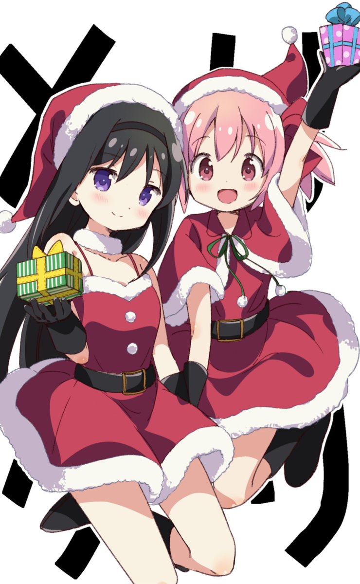 akemi homura ,kaname madoka multiple girls 2girls hat santa hat pink hair smile black hair  illustration images