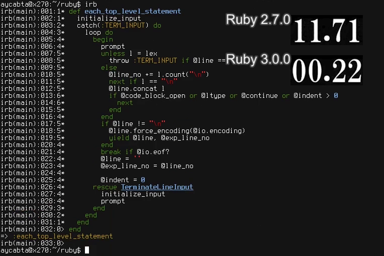 nalsh's tweet image. Ruby 3.0.0 is released
ruby-lang.org/en/news/2020/1…
It achieves Ruby 3x3 and introduces
* RBS
* TypeProf
* Ractor (experimental)
* Fiber Scheduler
* REPL (irb) speed up (copy&paste becomes much faster)
and more!