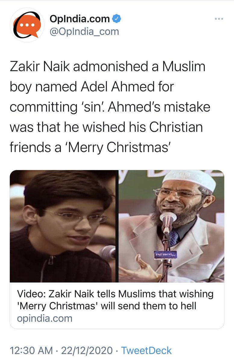Right-wing blog OpIndia meanwhile thought it was an opportune time to dig out a 10+ year old video of Zakir Naik on Christmas greetings. 4/n