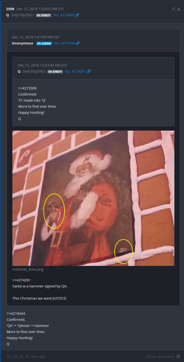 6/ They believe that something will happen because of Qdrop 2598 from Dec 12 2018, which references a Melania Trump’s tweet of a Christmas card with Santa holding a hammer with a Q at the bottom of the card