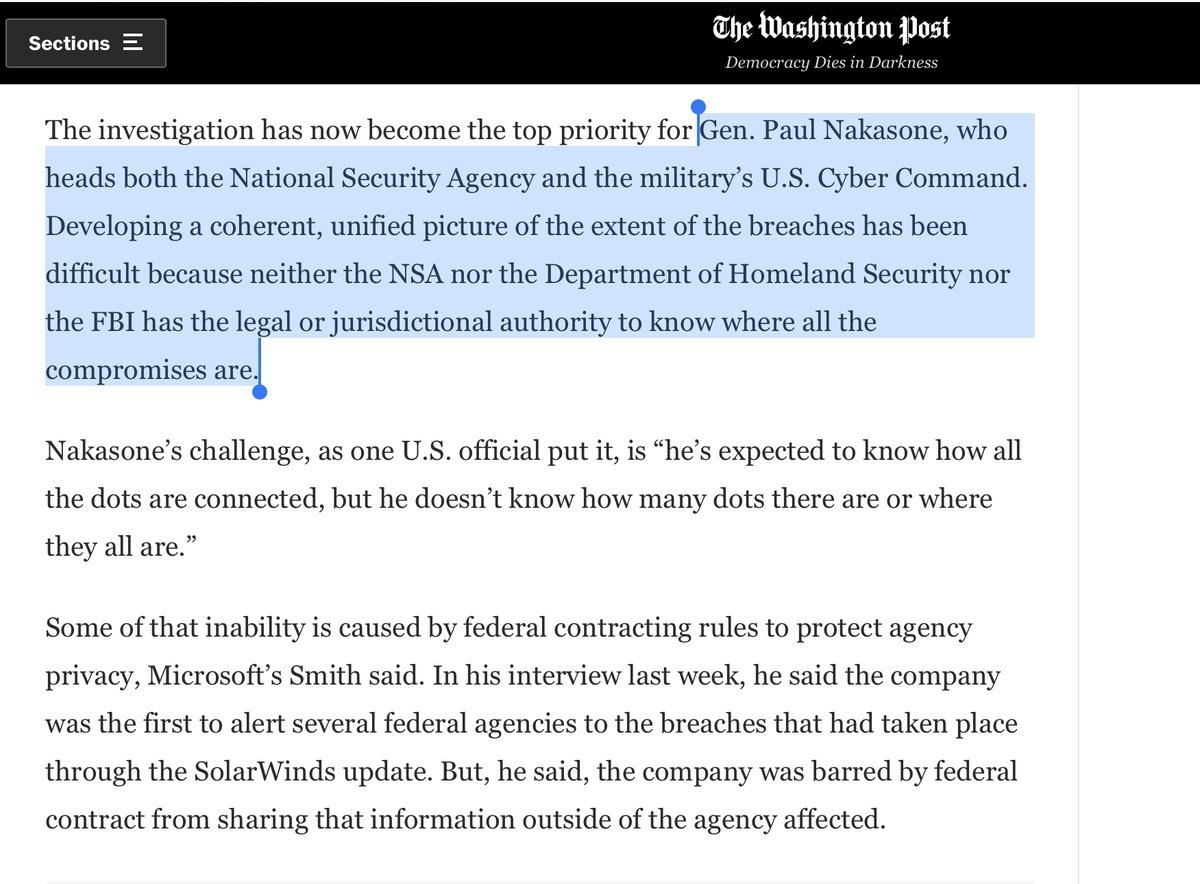 Good to know CyberCommand is taking lead(see next supplemental thread)you can’t hunt what you cant seeNakasone’s challenge is: “he’s expected to know how all the dots are connected, but he doesn’t know how many dots there are or where they all are” https://www.washingtonpost.com/national-security/russia-hack-microsoft-cloud/2020/12/24/dbfaa9c6-4590-11eb-975c-d17b8815a66d_story.html