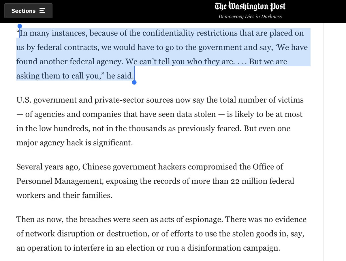 From a Contract & info standpoint procurement and/or Congress better fix this dysfunctional shit forthwithWe’re nearly 2 weeks into the attack“Microsoft was barred by federal contract from sharing that information outside of the agency affected” https://www.washingtonpost.com/national-security/russia-hack-microsoft-cloud/2020/12/24/dbfaa9c6-4590-11eb-975c-d17b8815a66d_story.html