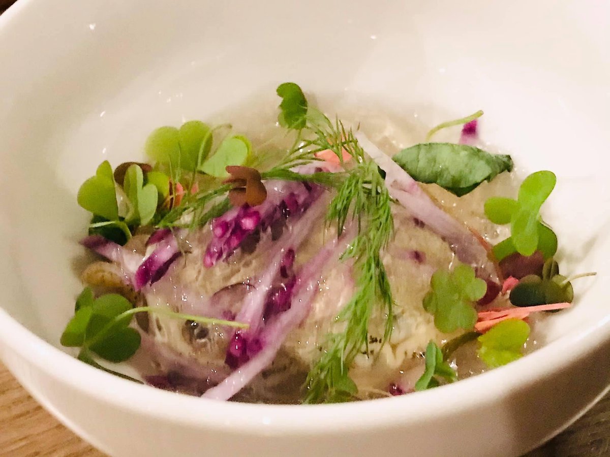 やおら料理店 １２月２５日金曜日１７時より営業致します 白バイ貝のジュレ肝ソースワイルドハーブを添えて 水からゆっくりと 柔らかく煮た白バイ貝 白バイ貝に肝ソースをかぶせ煮汁のジュレとワイルドハーブを