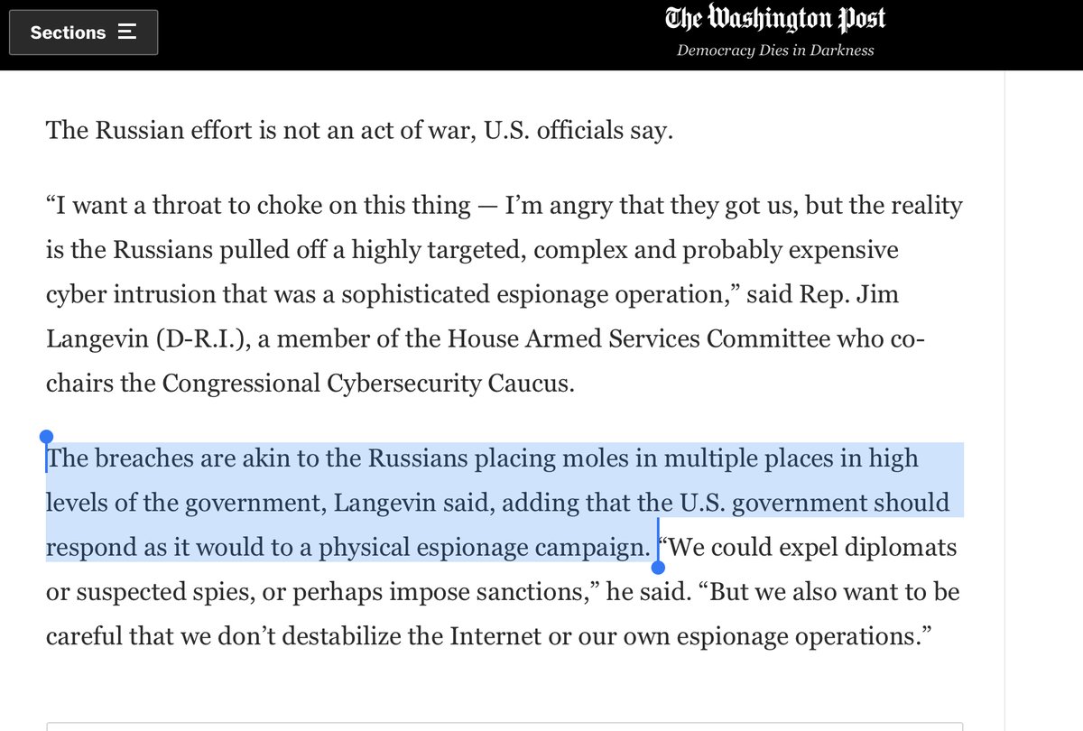 In today’s Wash Post Article, I categorically disagree with the following Administration Official‘s remarks”The Russian effort is not an act of war”That kind of thinking encapsulates what‘s wrongIMO RUSSIA engaged in Cyber-warfare & they need to pay https://www.washingtonpost.com/national-security/russia-hack-microsoft-cloud/2020/12/24/dbfaa9c6-4590-11eb-975c-d17b8815a66d_story.html