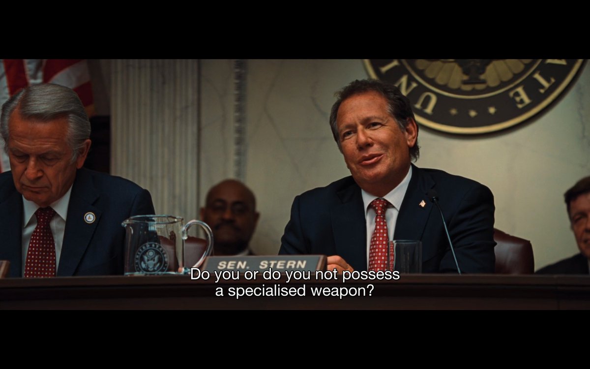 In Iron Man 2 we start to see the MCU’s disdain for the idea of public oversight or accountability for what are really just paramilitary vigilantes with superpowers. Senator Stern is framed as duplicitous and roundly mocked by the film for holding public hearings on the matter.