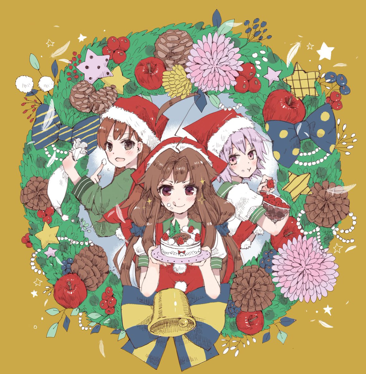 kuma (kancolle) ,ooi (kancolle) ,tama (kancolle) multiple girls brown hair food 3girls long hair hat santa hat  illustration images