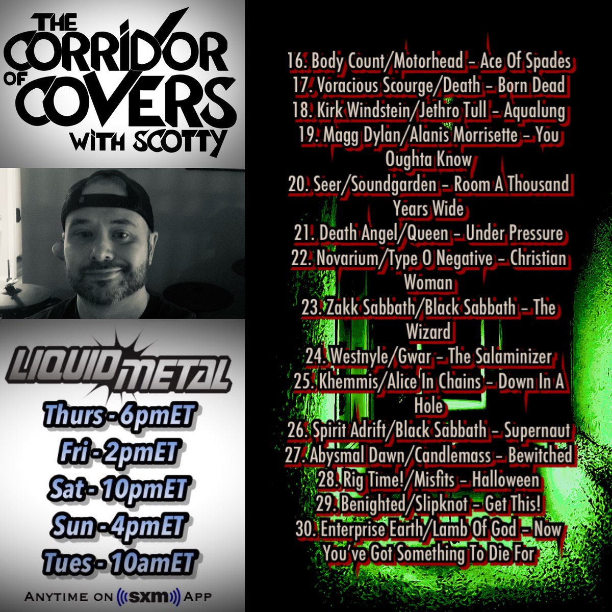 fnliquidmetal's tweet photo. #corridorofcovers w/ #Scotty on @sxmliquidmetal .. Top 30 #metalcovers of 2020, thank YOU for your support all year 🤘🖤🤘.. full #countdown available anytime on the #siriusxm app #metal #heavymetal #coversong #thrashmetal #deathmetal #doommetal #headbanger #bestof2020 #megadeth https://t.co/x6rS3DvWKu
