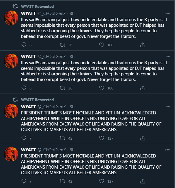 69. Wyatt's back and it's the weird form of Wyatt that instantly retweets everything he posts so his page is all doubles of his tweets. This is different than "Old Lady Wyatt" "Trump Mega Fan Wyatt" and "Vicious Anti-Semite Wyatt"
