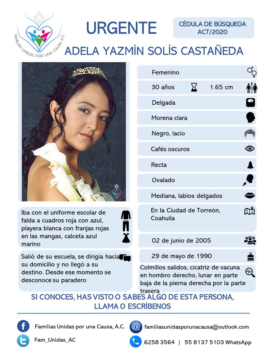 #TeBuscamos
#AdelaYazmínSolísCastañeda 
#Desaparecida el 02/06/2005
#Torreón #Coahuila 
<a href="/Cristin03581487/">Cristina</a> <a href="/SeleneA50115504/">Selene Alvarez</a> <a href="/RosaQue62542006/">Rosa Quezada</a> <a href="/OlarteLeonor/">Leonor Olarte</a> <a href="/Gabriel59092839/">Gabriela Diaz</a>  <a href="/ReynaQu45720116/">Reyna Quintero</a> 
<a href="/Mafaldititita1/">Mafaldititita</a> 
<a href="/MariaEl95097388/">Mariel</a> 
<a href="/sophie_sant/">Sophie Sant</a> 
<a href="/Drago237/">Drago Tsuji</a> 
<a href="/DesapGto/">Desaparecidxs Guanajuato</a> 
<a href="/RosaEsp69257274/">Rosa Esparza</a>