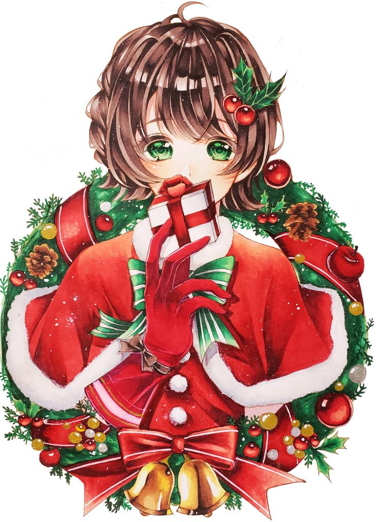 1girl solo brown hair green eyes gloves traditional media red gloves  illustration images