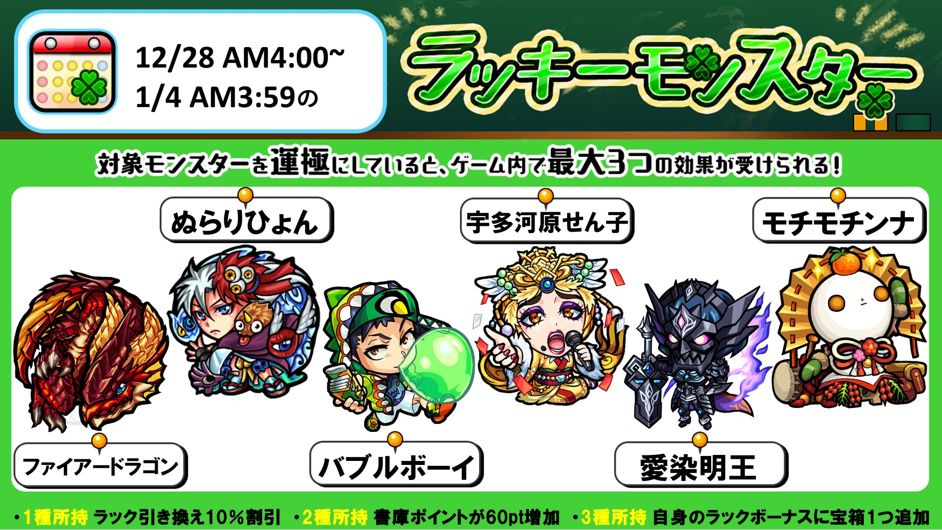 تويتر モンスターストライク公式 モンスト على تويتر 次回のラッキーモンスター 対象モンスターを運極にしている種類数に応じて 最大3つの効果が受けられます 詳細はこちら T Co Grzhh23tka モンスト T Co Jomw7t4oux