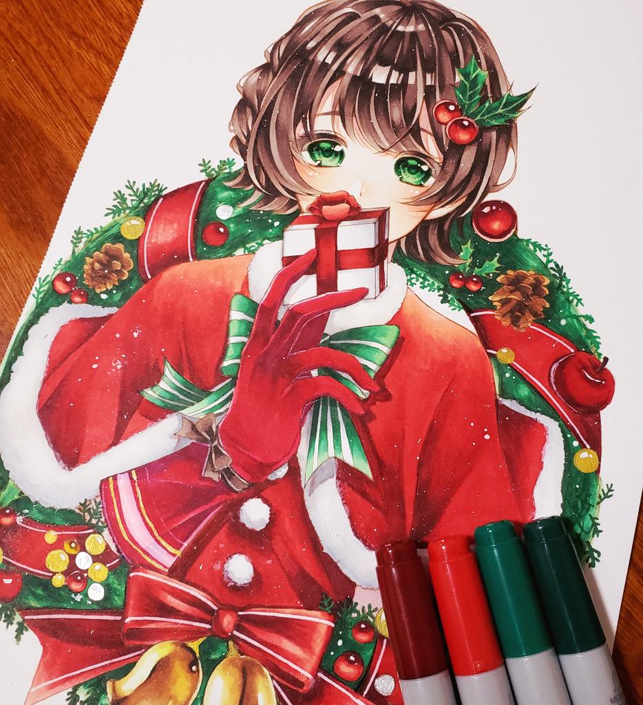 1girl solo brown hair green eyes gloves traditional media red gloves  illustration images
