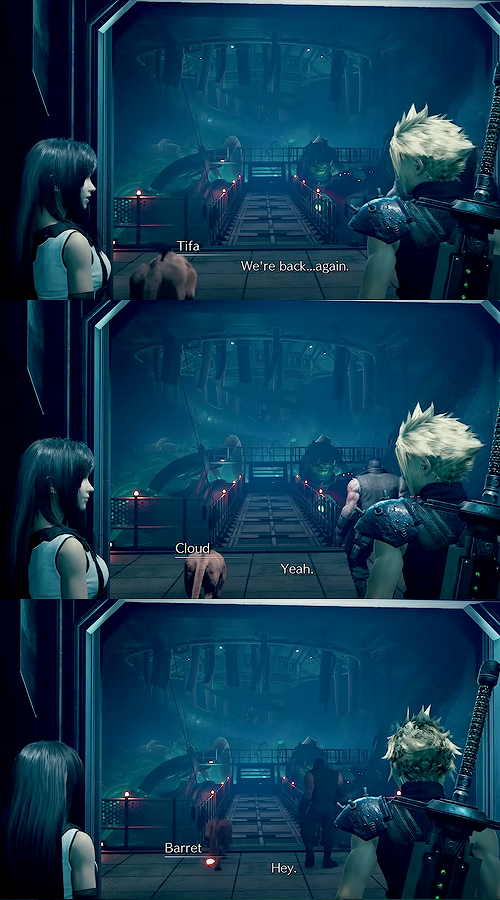 New to FF7R, as the crew make their escape to the rooftop they come across Jenova & Cloud has yet ANOTHER flashback of young Tifa in Nibelheim before they confronted Sephiroth. Later, they get separated & come back to this same area & the two have a moment in the elevator 