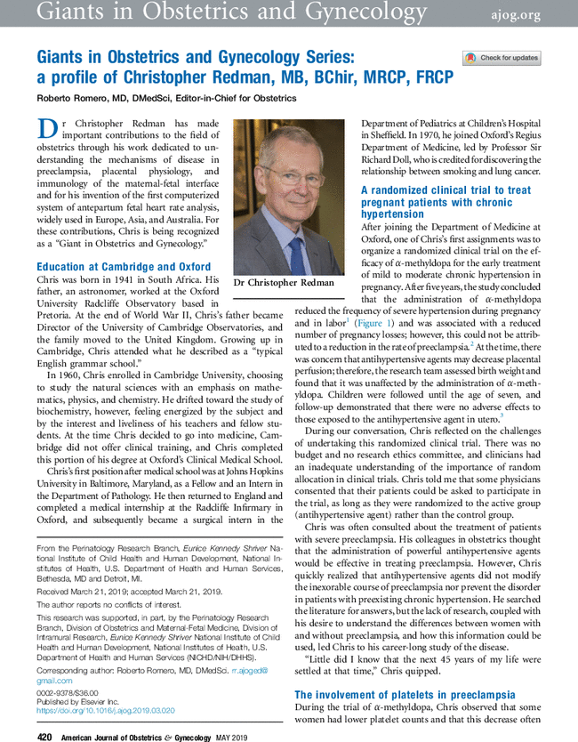 AJOG_thegray's tweet photo. Giants in Obstetrics and Gynecology Series: a profile of Christopher Redman, MB, BChir, MRCP, FRCP

➡️Expert in preeclampsia, placental physiology and immunology...also responsible for first computerized system of antepartum fetal heart rate analysis

https://t.co/RG1n4yoSoD https://t.co/W81D2alanC