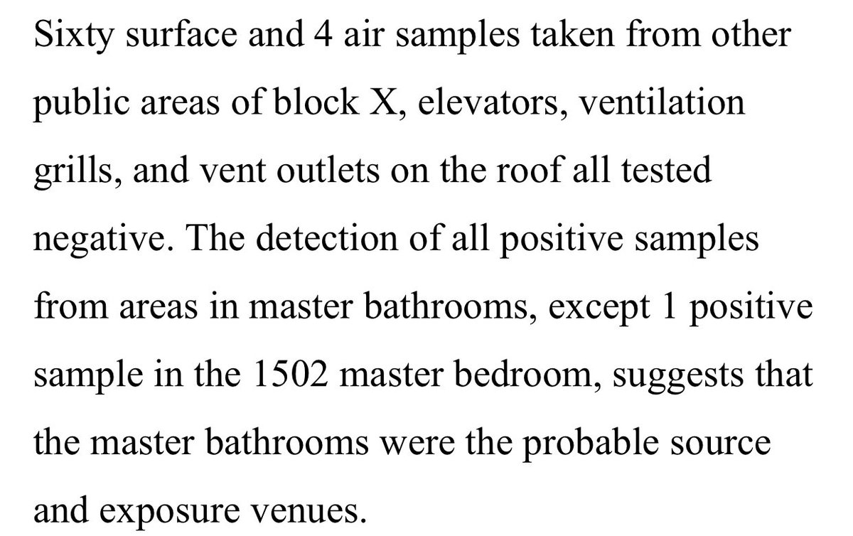4) was it from elevator or ventilation ducts? Unlikely, because a) people who shared elevator but not part of same vertical drain pipe didn’t get infected. And b) the PCR tests of the building was negative in elector and ventilation. But positive for bathrooms.