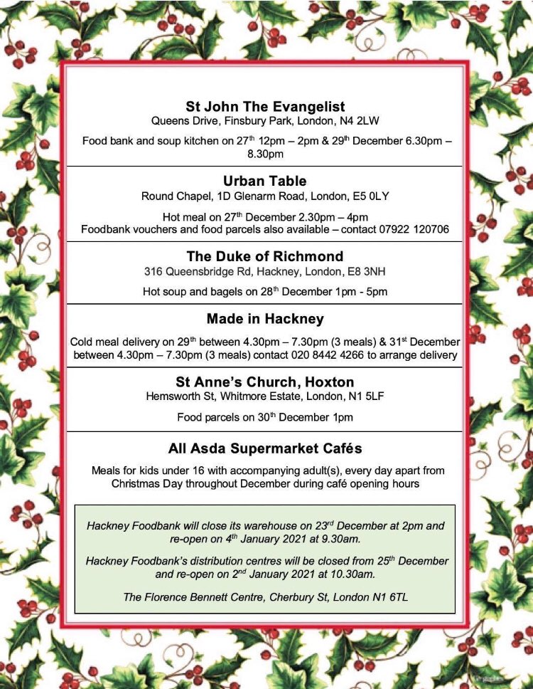 Merry Christmas to everyone in #DeBeauvoirTown/#DeBeauvoir from cllrs <a href="/PollyBillington/">Polly Billington</a> &amp; <a href="/JamesFPeters/">James Peters</a> 

🎄🎅🏼☃️⛄️🎄🎄🎁 🎄🎄🎄🎅🏿🤶🏾

If you, or anyone you know, are struggling for food today or over the holidays, there are some options below👇