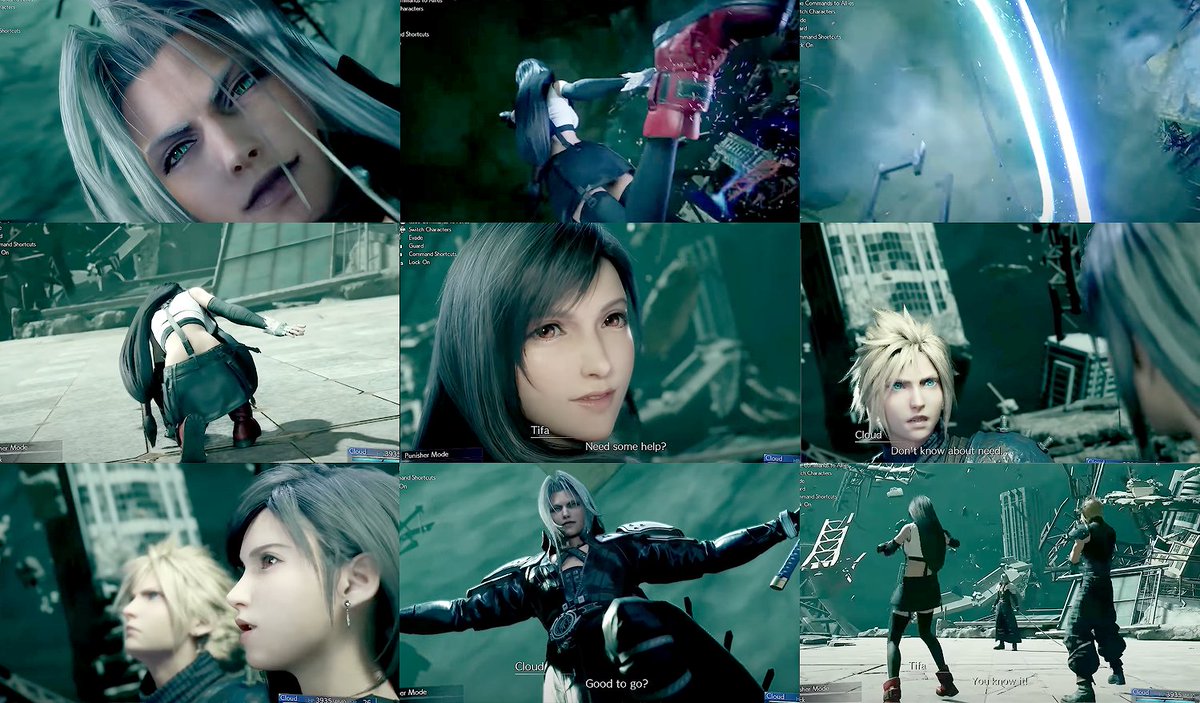 New to FF7R during Cloud's fight with Sephiroth, another party member can join him depending on points earned for that character's moves used during the fight against Harbinger. Tifa was the one chosen to join first in the official book, A Walk Through Midgar (ss - @emmie_h1234)