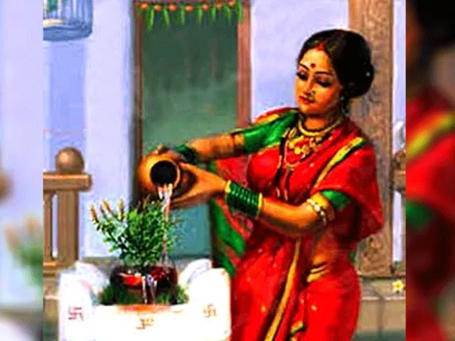 Worship methodIdeally we should perform Tulsi Poojan in the morning. Kumkum should first be applied to Tulsi Maa, followed by Aarti and offering of water.