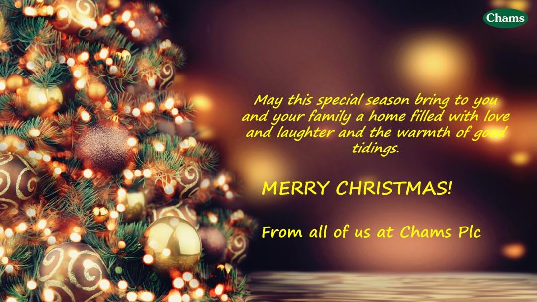 ChamsHoldCo's tweet image. This is wishing you all the love, joy, peace and prosperity that comes with celebrating Christmas 🌲🎄🎆🎁

Let&apos;s savour the season with loved ones, giving thanks for all the great things we overcame and achieved in 2020.

Merry Christmas from all of at Chams Plc. 
#ChamsPlc