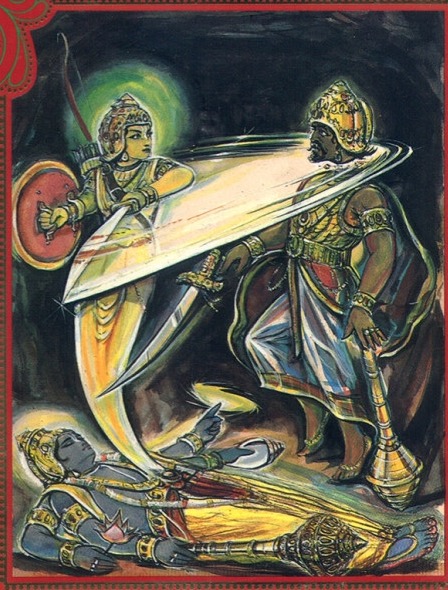 Out of the sleeping Maha Vishnu emerges a divine feminine form. She is described as very beautiful & auspicious, wielding all kinds of weapons. At once she slays Murasura by burning him down to ashes. (12)