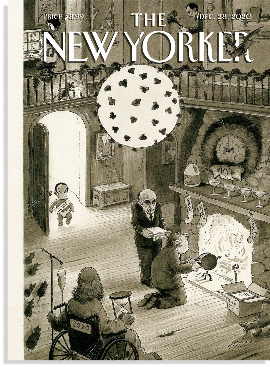 Brillante la nueva portada de @newyorker,llena de detalles significativos allá donde mires, para cerrar un año/ciclo político y abrir otro en EE.UU. Coronavirus en lámpara, el bote de lejía,bebé black lives matter, espejo roto de Putin,... casa que parece de la familia Addams,...