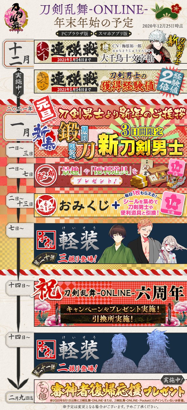 刀剣乱舞online 運営 年末年始の予定公開 年末年始にかけての予定を公開いたします お正月 の詳細は近日お知らせいたします 引き続き 刀剣乱舞 Online をよろしくお願いいたします 刀剣乱舞 とうらぶ T Co L15ch5zbbf Twitter