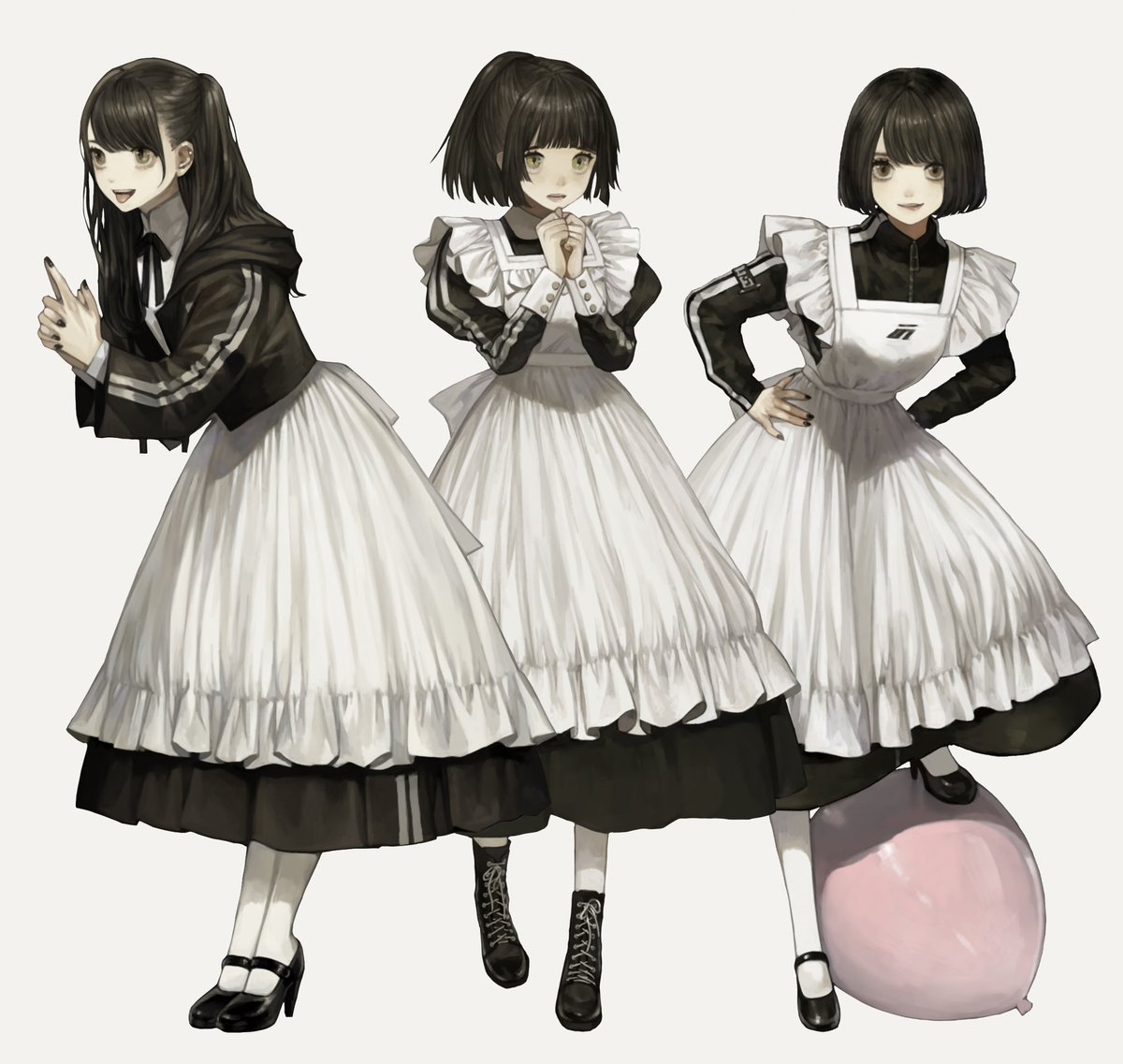 multiple girls 3girls maid apron black hair maid headdress short hair  illustration images