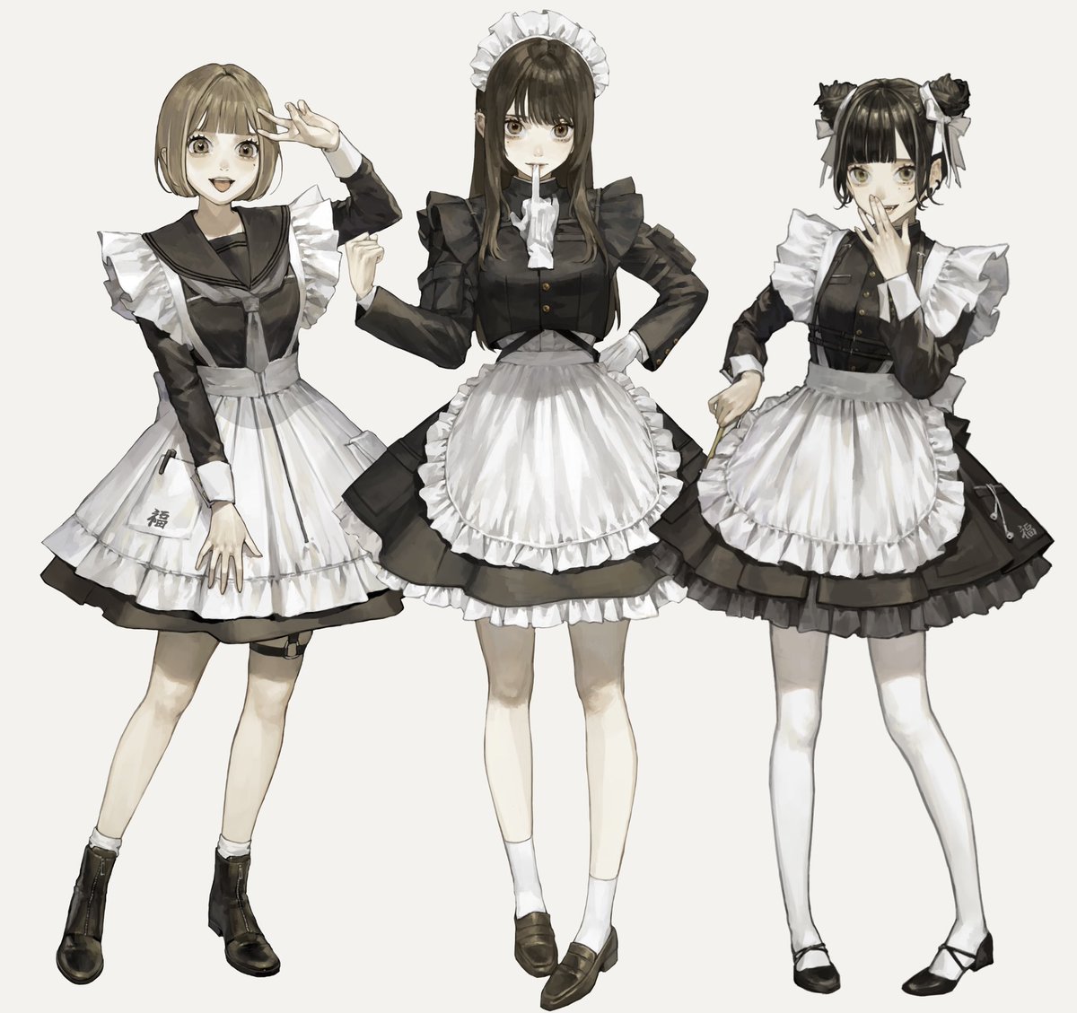 multiple girls 3girls maid apron black hair maid headdress short hair  illustration images