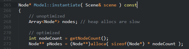 Another small one. Replaced heap alloc with stack alloc for some temp data. Saves only about 40ms, but hey why not. Should also help with memory fragmentation. 3D model instantiation for *all* game objects in the game world takes only 0.18 seconds. Computers are fast these days!