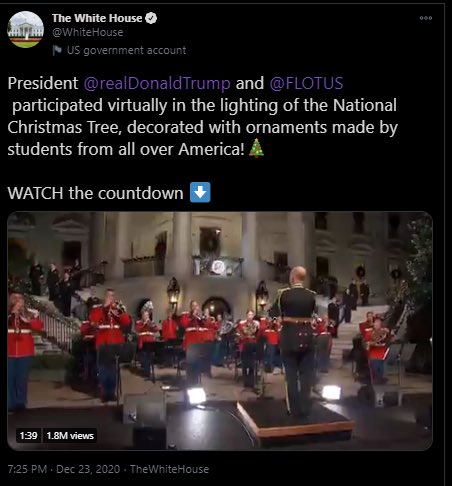 Wait 12/3 was the National Christmas Tree Lighting. Remember yesterday, we were told to watch the countdown?Is 55 "My fellow Americans, the Storm is upon us.......” FINALLY going to become a reality? I hate to keep saying it’s happening, but itishabbening  https://twitter.com/danscavino/status/1342348168567132161