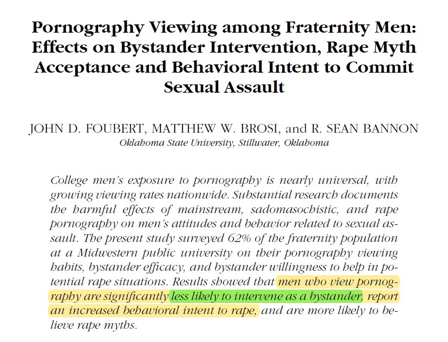 A study among college men found that 83% of men who watch porn were more likely to become rapists.It also found that viewing porn results in people less likely to help a rape victim, and less likely to intervene to stop a rape if they witnessed one. https://www.tandfonline.com/doi/abs/10.1080/10720162.2011.625552